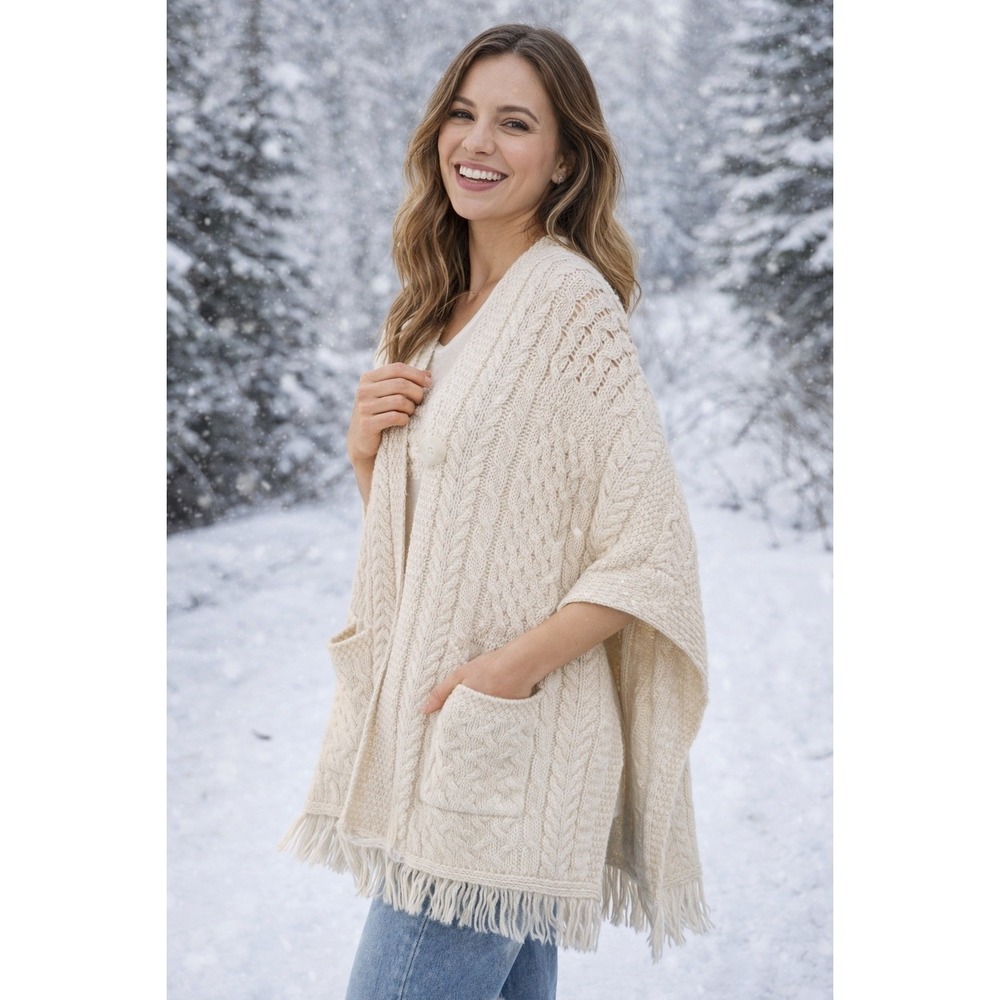Aran Crafts Crafts Ireland Merino Wool Cable Knit Poncho Sweater Vest Cardigan